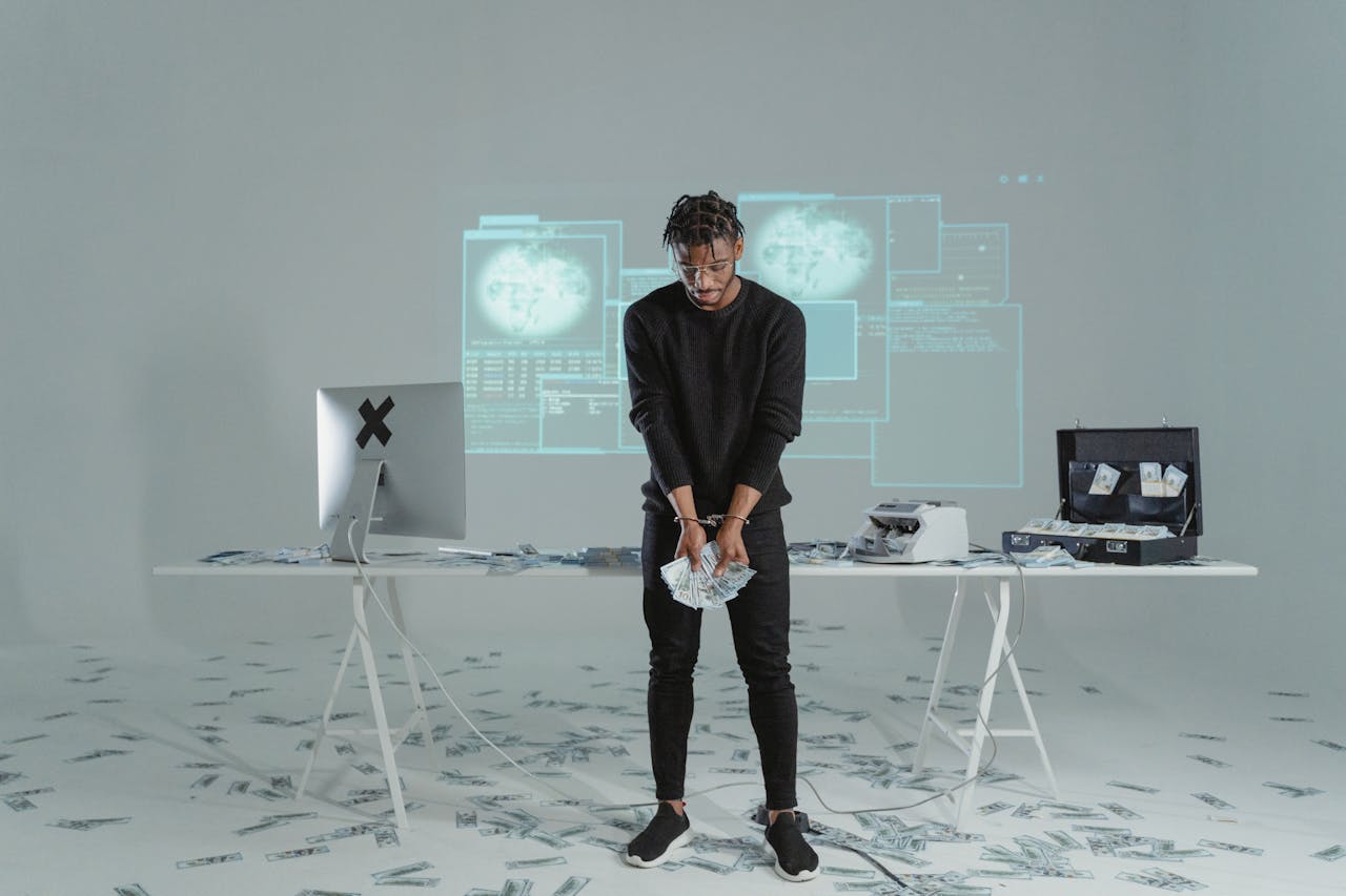A man stands holding money in a high-tech room with scattered bills and a computer setup.